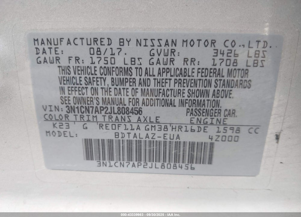 2018 NISSAN VERSA 1.6 S+ VIN: 3N1CN7AP2JL808456