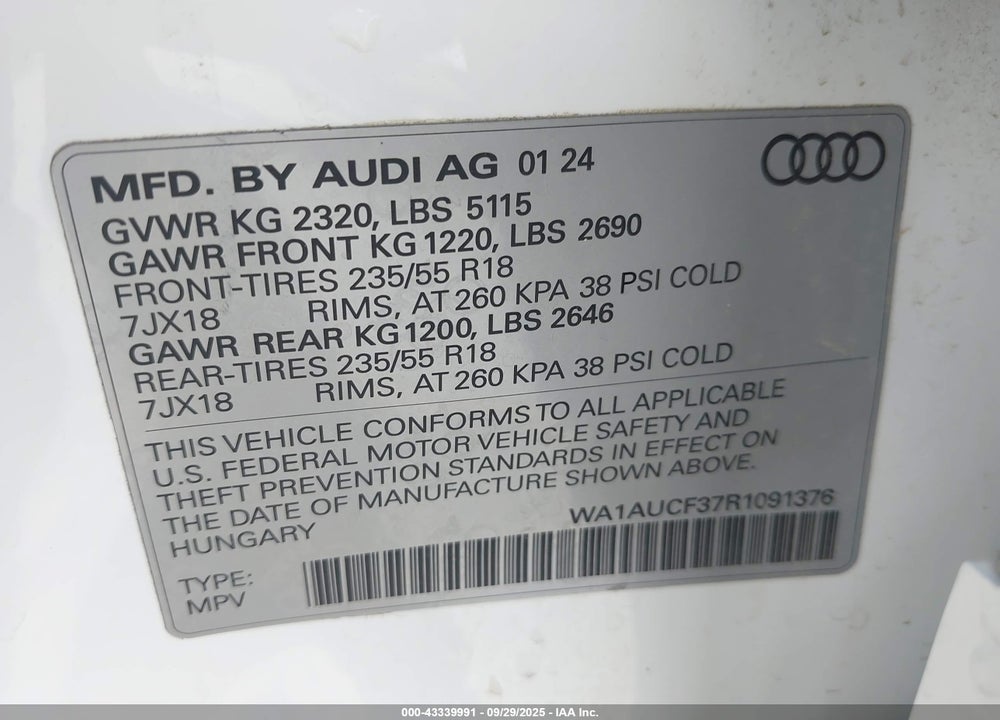 2024 AUDI Q3 PREMIUM 40 TFSI QUATTRO TIPTRONIC VIN: WA1AUCF37R1091376