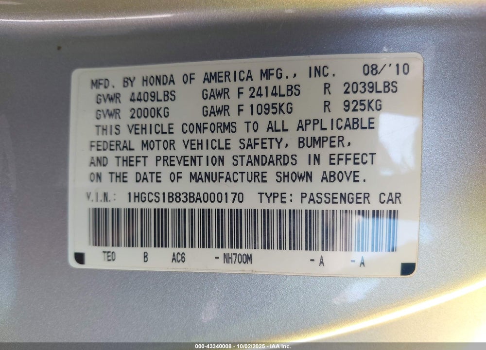 2011 HONDA ACCORD VIN: 1HGCS1B83BA000170