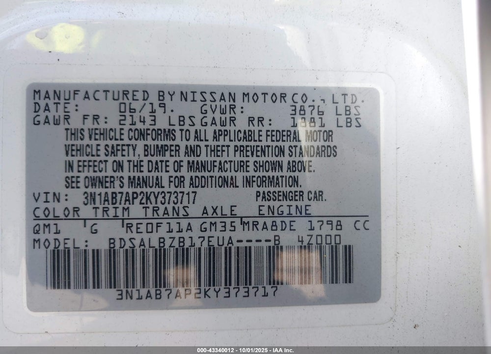 2019 NISSAN SENTRA VIN: 3N1AB7AP2KY373717