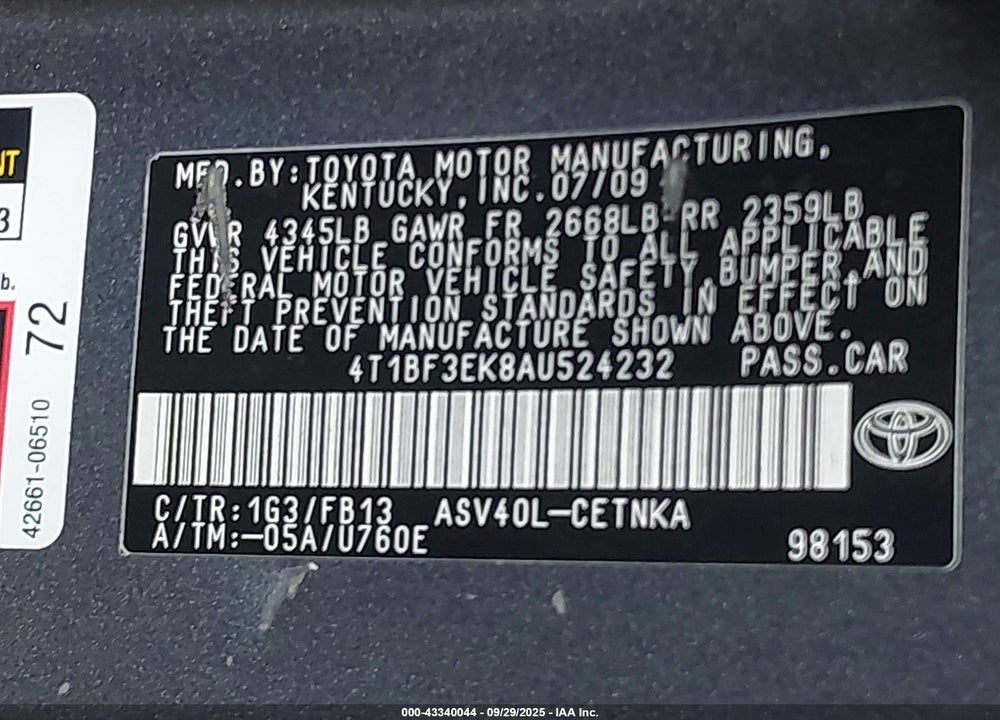 2010 TOYOTA CAMRY VIN: 4T1BF3EK8AU524232