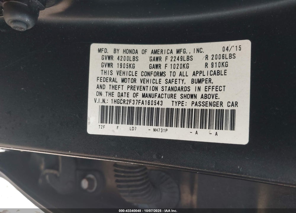 2015 HONDA ACCORD VIN: 1HGCR2F37FA160543
