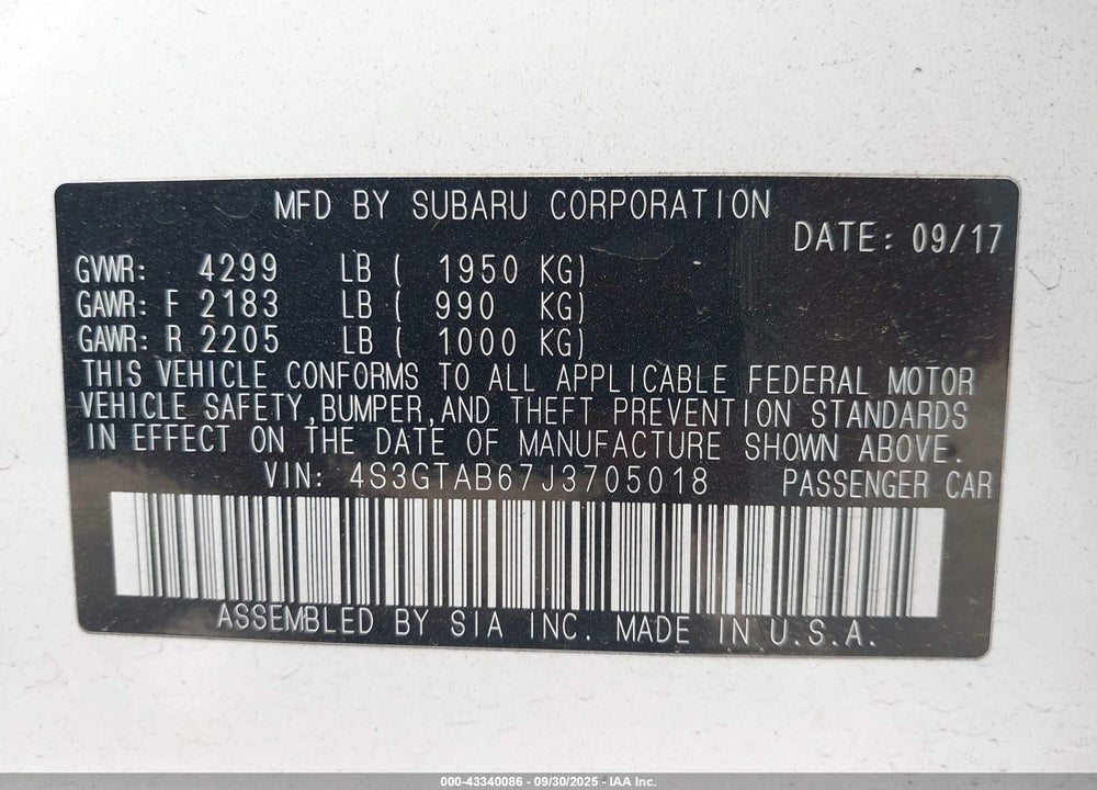 2018 SUBARU IMPREZA VIN: 4S3GTAB67J3705018