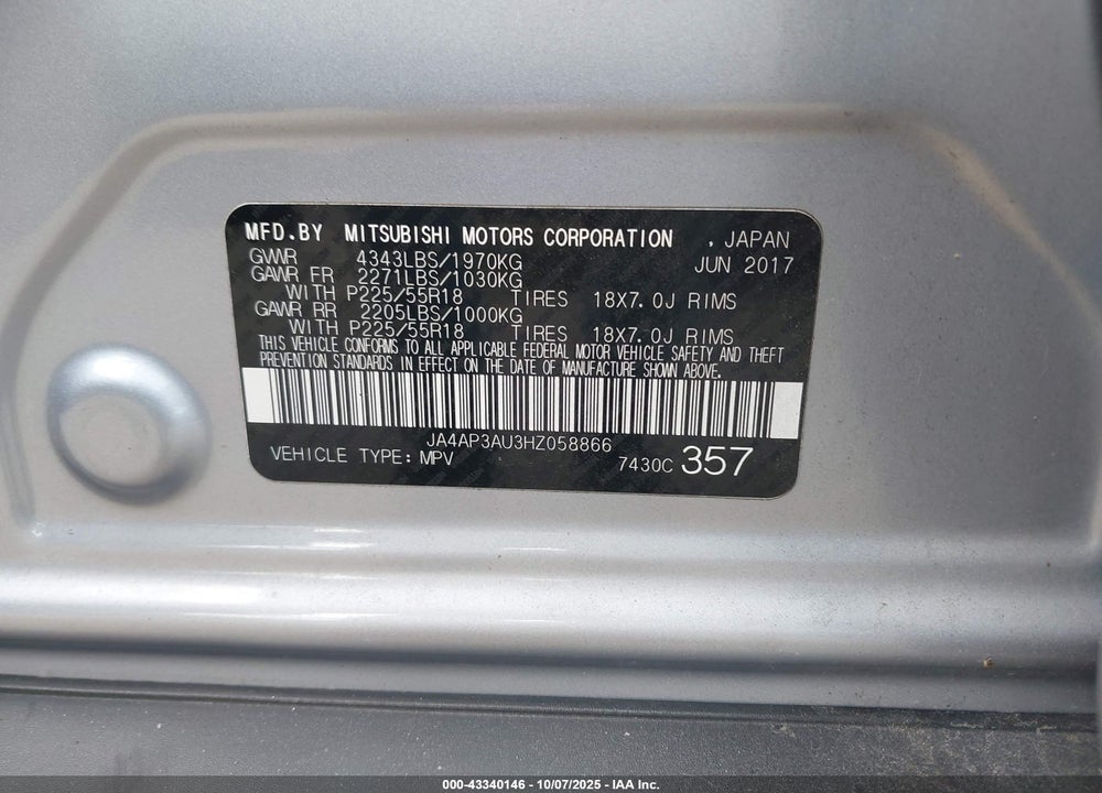 2017 MITSUBISHI OUTLANDER SPORT 2.0 ES/2.0 LE VIN: JA4AP3AU3HZ058866