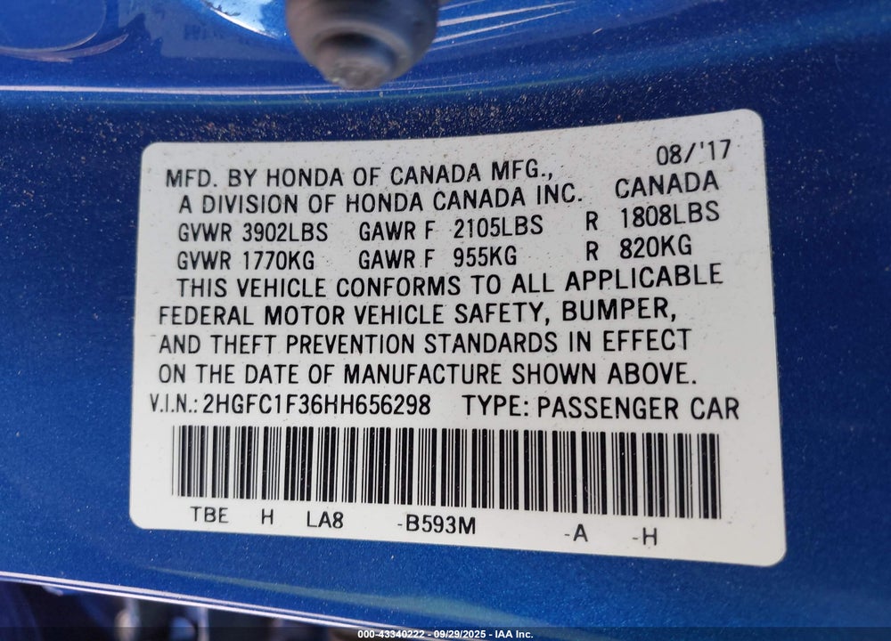 2017 HONDA CIVIC VIN: 2HGFC1F36HH656298