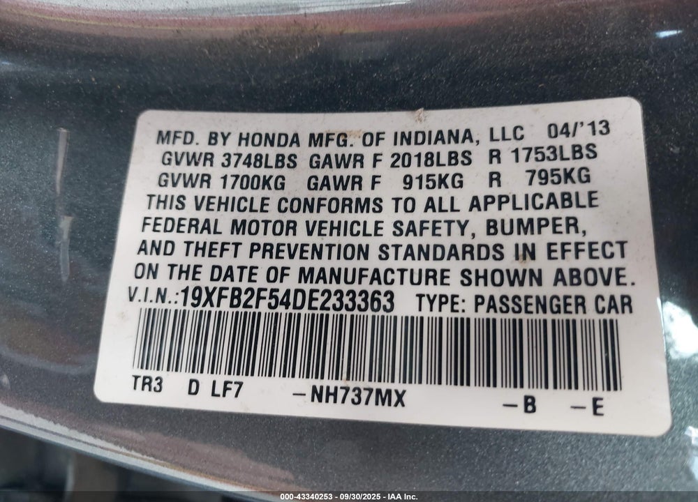 2013 HONDA CIVIC VIN: 19XFB2F54DE233363