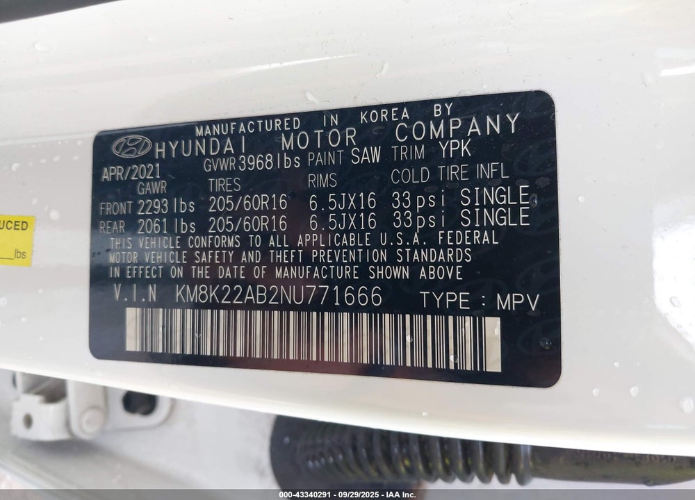 2022 HYUNDAI KONA SE VIN: KM8K22AB2NU771666