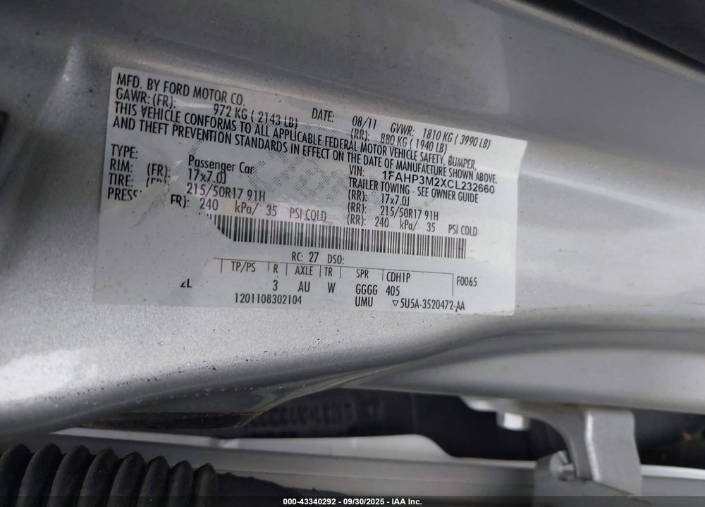 2012 FORD FOCUS SEL VIN: 1FAHP3M2XCL232660
