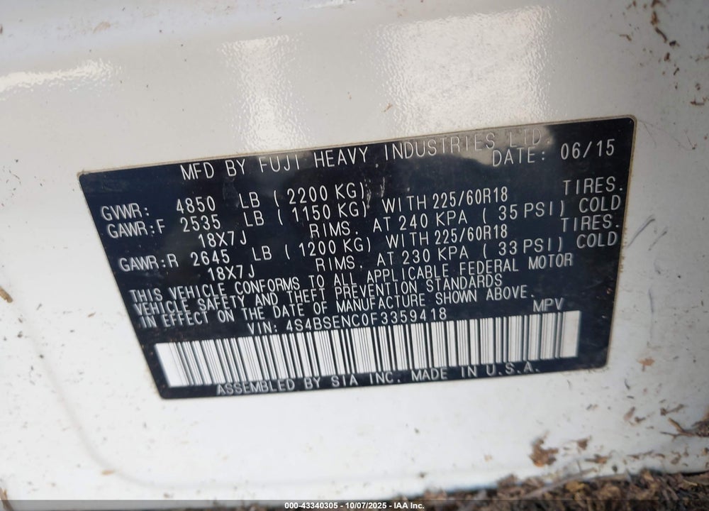 2015 SUBARU OUTBACK VIN: 4S4BSENC0F3359418
