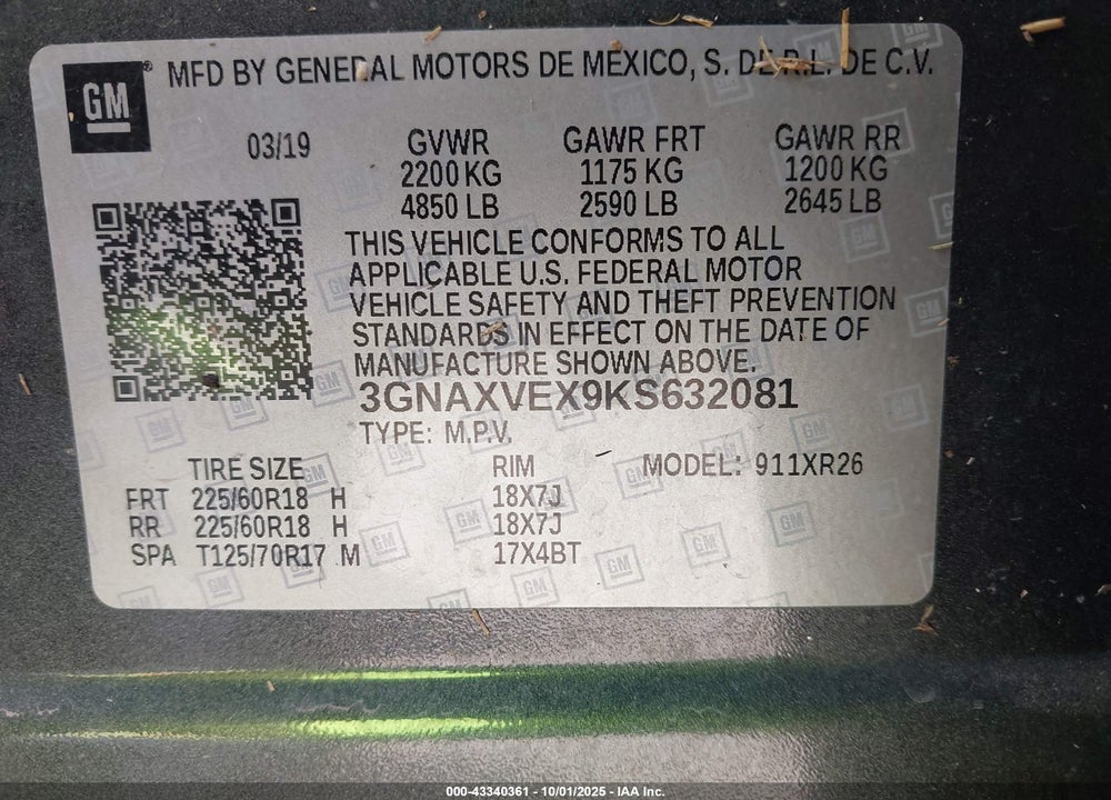 2019 CHEVROLET EQUINOX LT VIN: 3GNAXVEX9KS632081