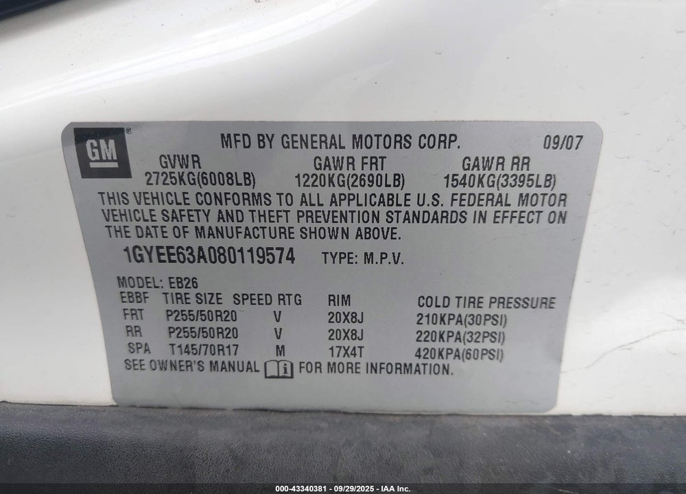 2008 CADILLAC SRX VIN: 1GYEE63A080119574