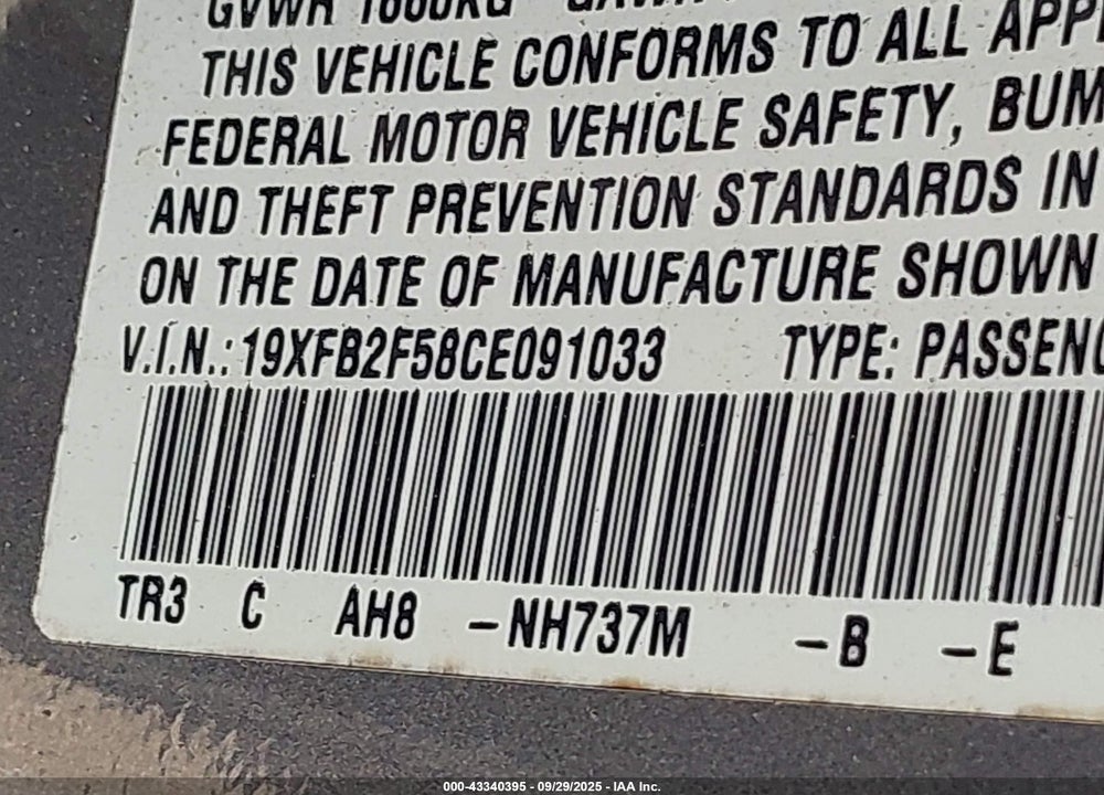 2012 HONDA CIVIC VIN: 19XFB2F58CE091033