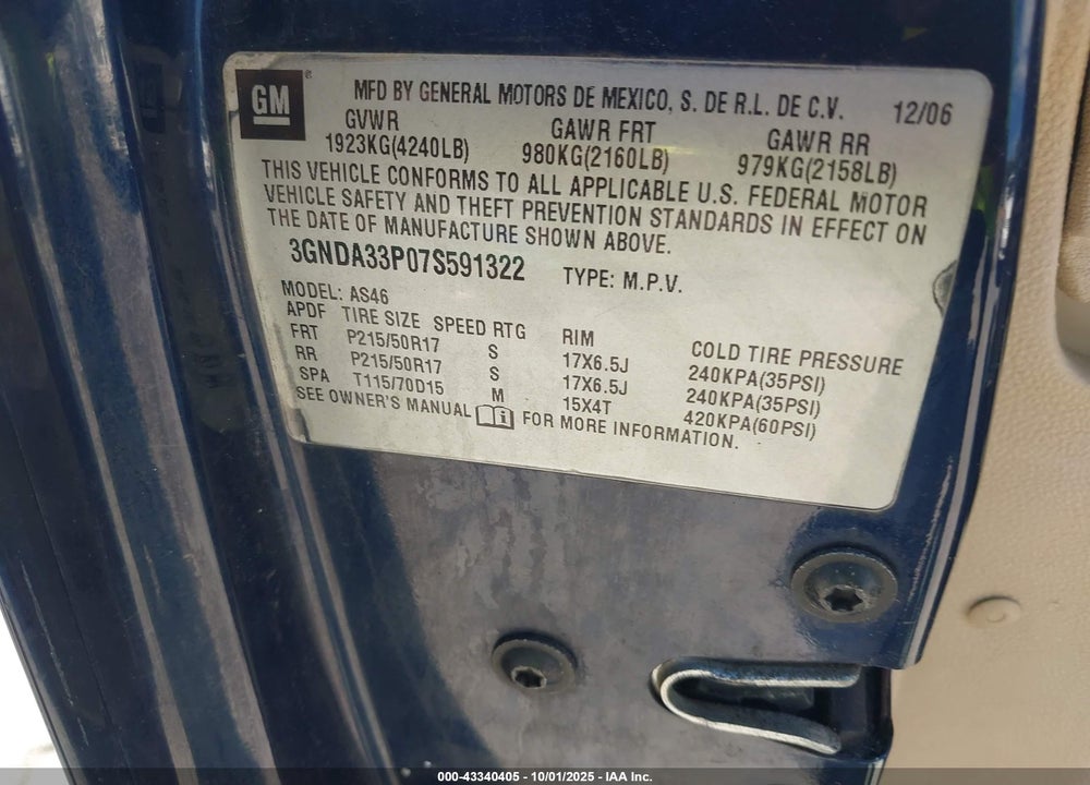 2007 CHEVROLET HHR LT VIN: 3GNDA33P07S591322