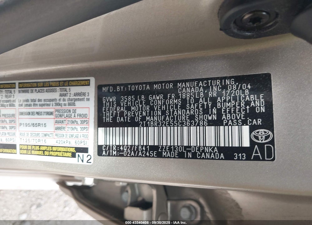 2005 TOYOTA COROLLA LE VIN: 2T1BR32E55C363786