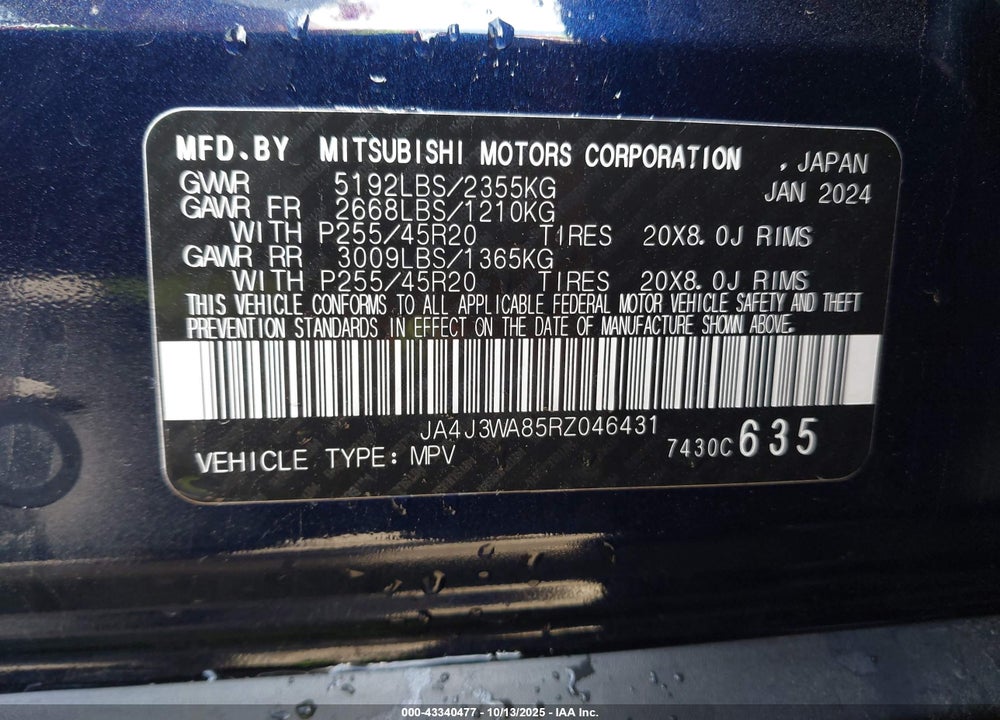 2024 MITSUBISHI OUTLANDER SEL 2.5 2WD VIN: JA4J3WA85RZ046431