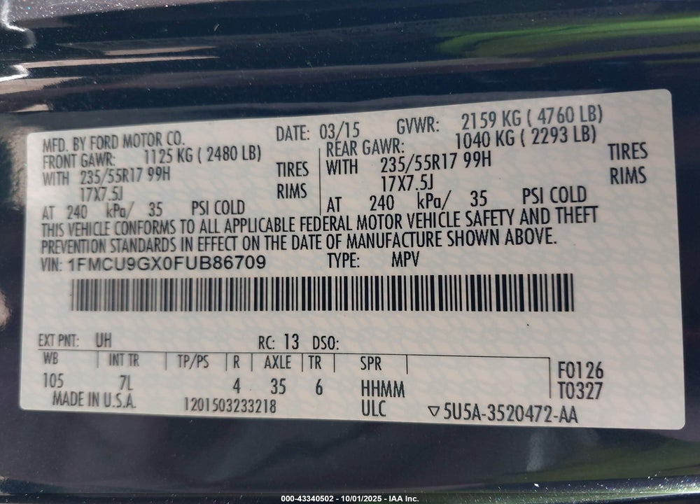 2015 FORD ESCAPE VIN: 1FMCU9GX0FUB86709