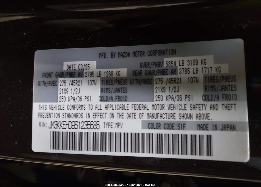 2025 MAZDA CX-90 3.3 TURBO PREMIUM PLUS PACKAGE VIN: JM3KKEHD9S1235685