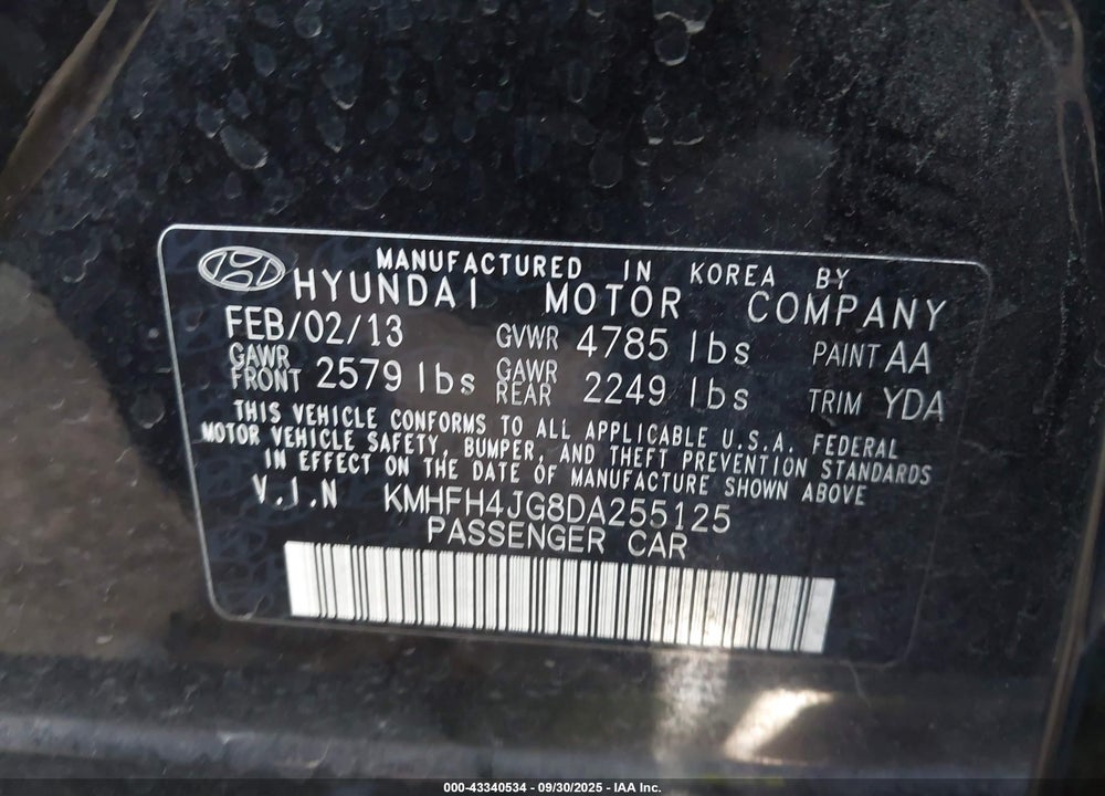 2013 HYUNDAI AZERA VIN: KMHFH4JG8DA255125