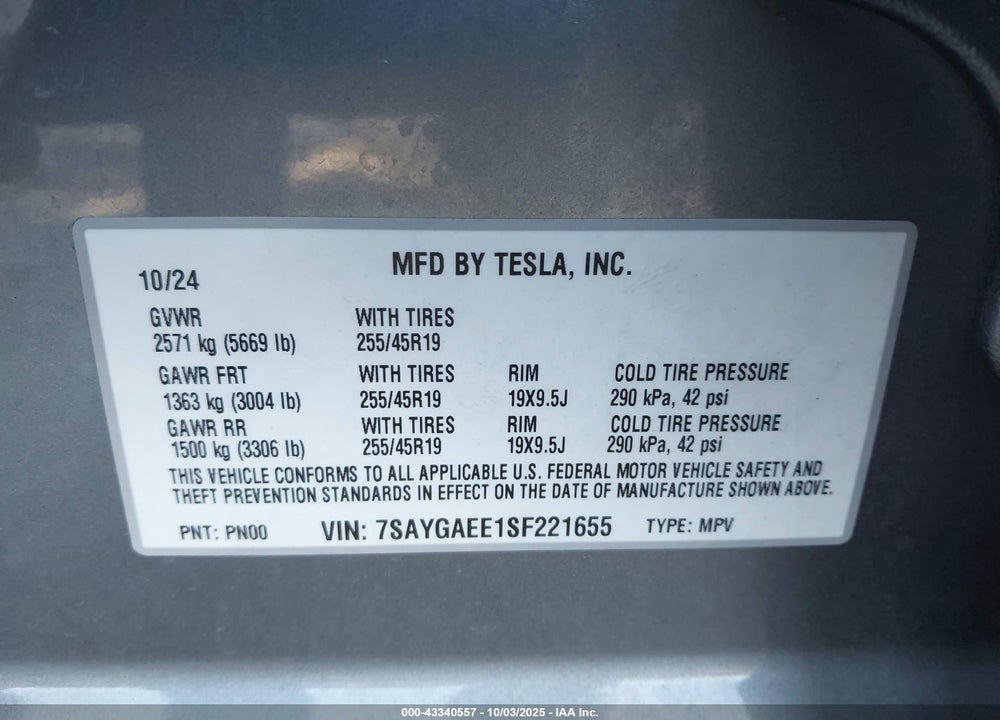 2025 TESLA MODEL Y VIN: 7SAYGAEE1SF221655