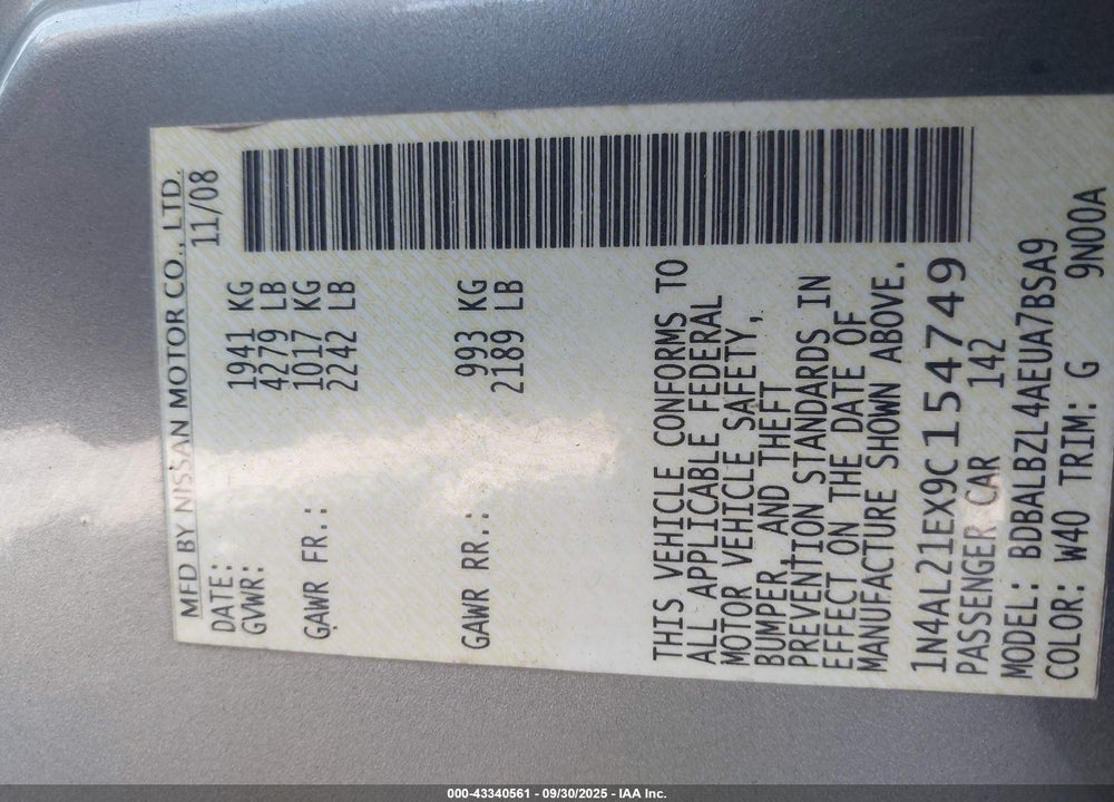 2009 NISSAN ALTIMA VIN: 1N4AL21EX9C154749