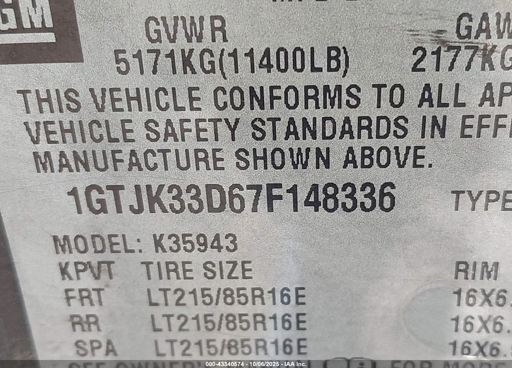 2007 GMC SIERRA 3500 CLASSIC SLT VIN: 1GTJK33D67F148336