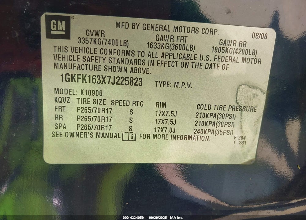 2007 GMC YUKON VIN: 1GKFC13C17J355975