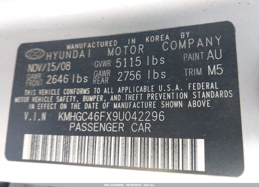 2009 HYUNDAI GENESIS VIN: KMHGC46FX9U042296