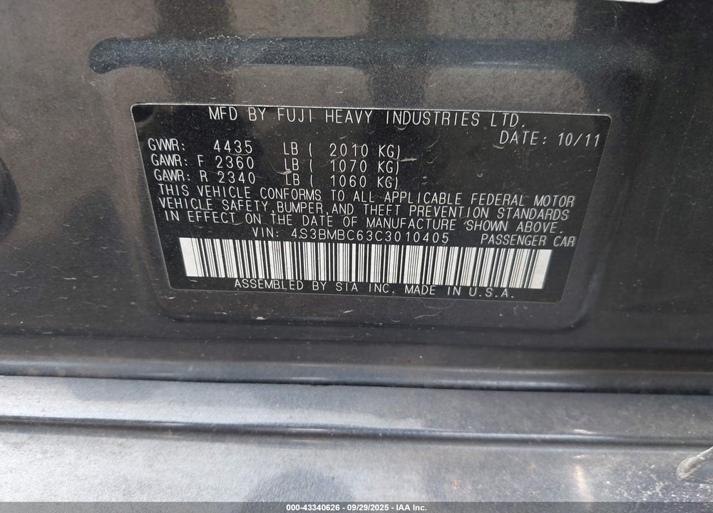 2012 SUBARU LEGACY VIN: 4S3BMBC63C3010405