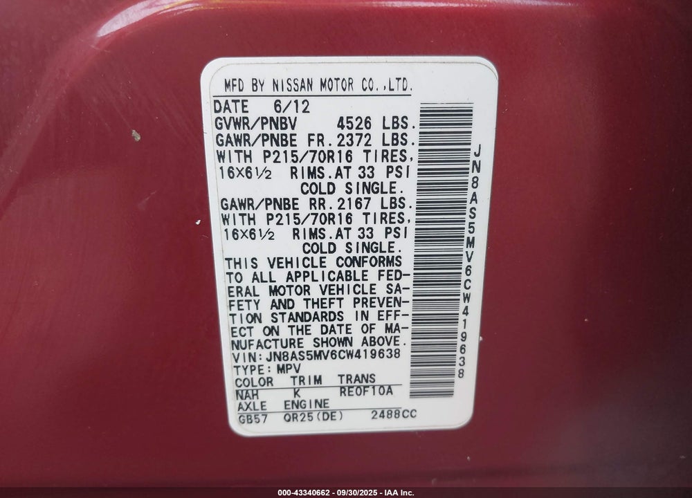 2012 NISSAN ROGUE VIN: JN8AS5MV6CW419638