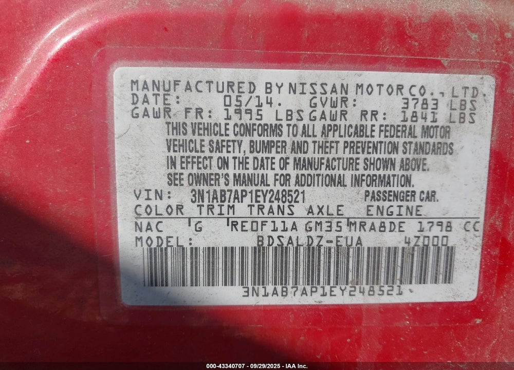 2014 NISSAN SENTRA VIN: 3N1AB7AP1EY248521