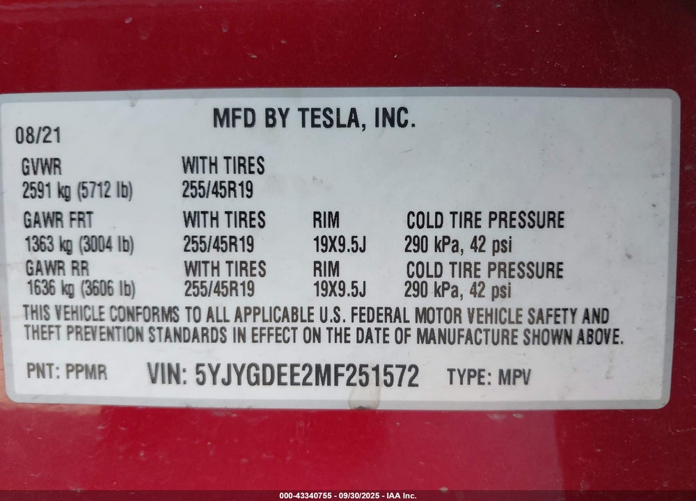 2021 TESLA MODEL Y VIN: 5YJYGDEE2MF251572
