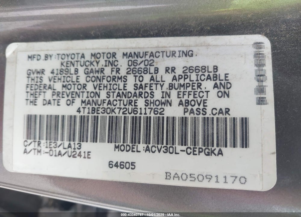 2002 TOYOTA CAMRY XLE VIN: 4T1BE30K72U611762