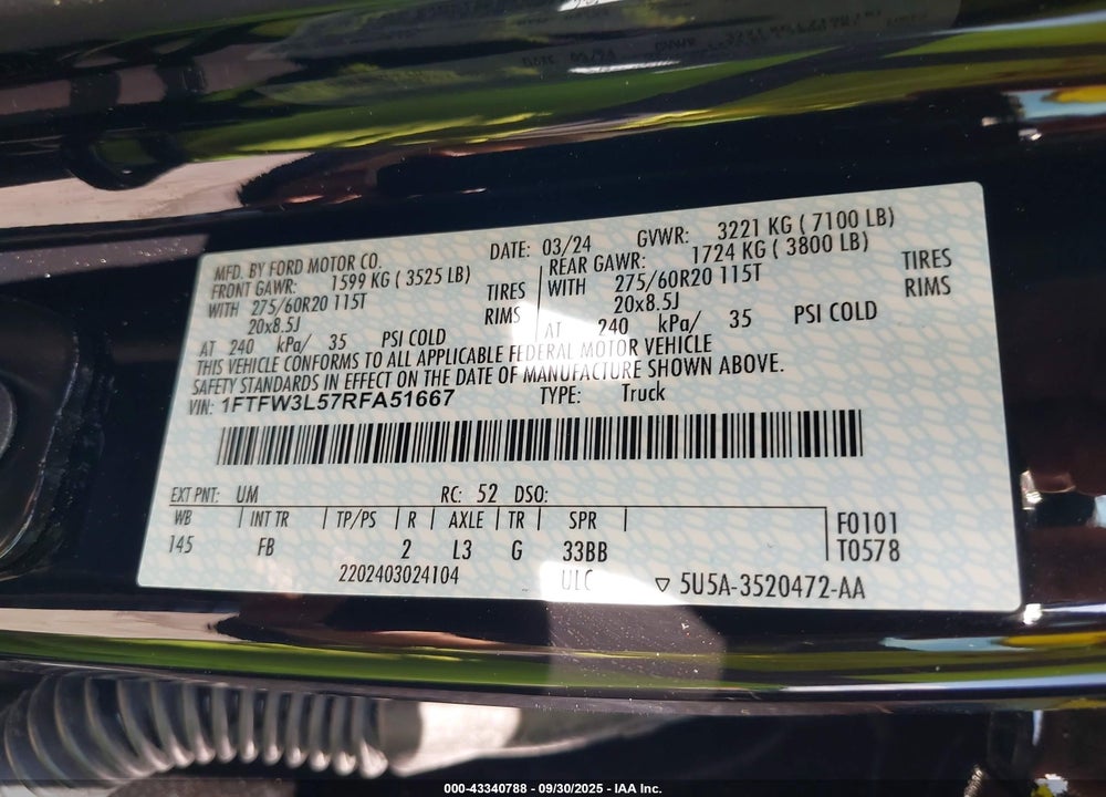 2024 FORD F-150 VIN: 1FTFW3L57RFA51667