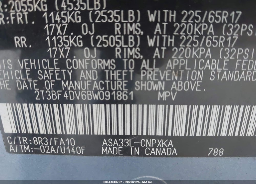 2011 TOYOTA RAV4 VIN: 2T3BF4DV6BW091861