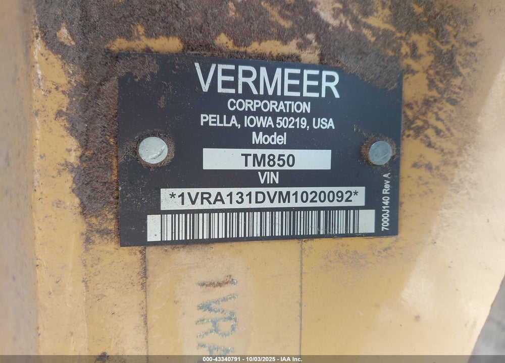 2021 VERMEER TM850S VIN: 1VRA131DVM1020092