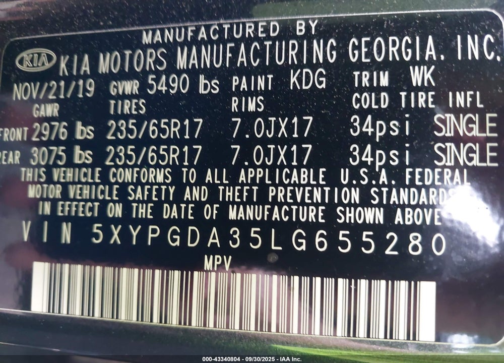 2020 KIA SORENTO 2.4L LX VIN: 5XYPGDA35LG655280