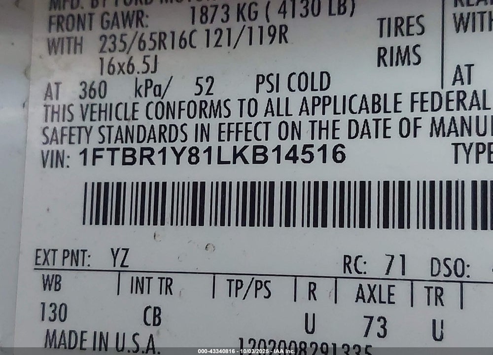 2020 FORD TRANSIT-250 VIN: 1FTBR1Y81LKB14516