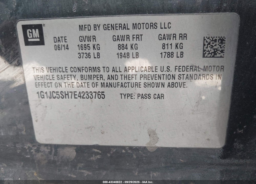 2014 CHEVROLET SONIC LT AUTO VIN: 1G1JC5SH7E4233765