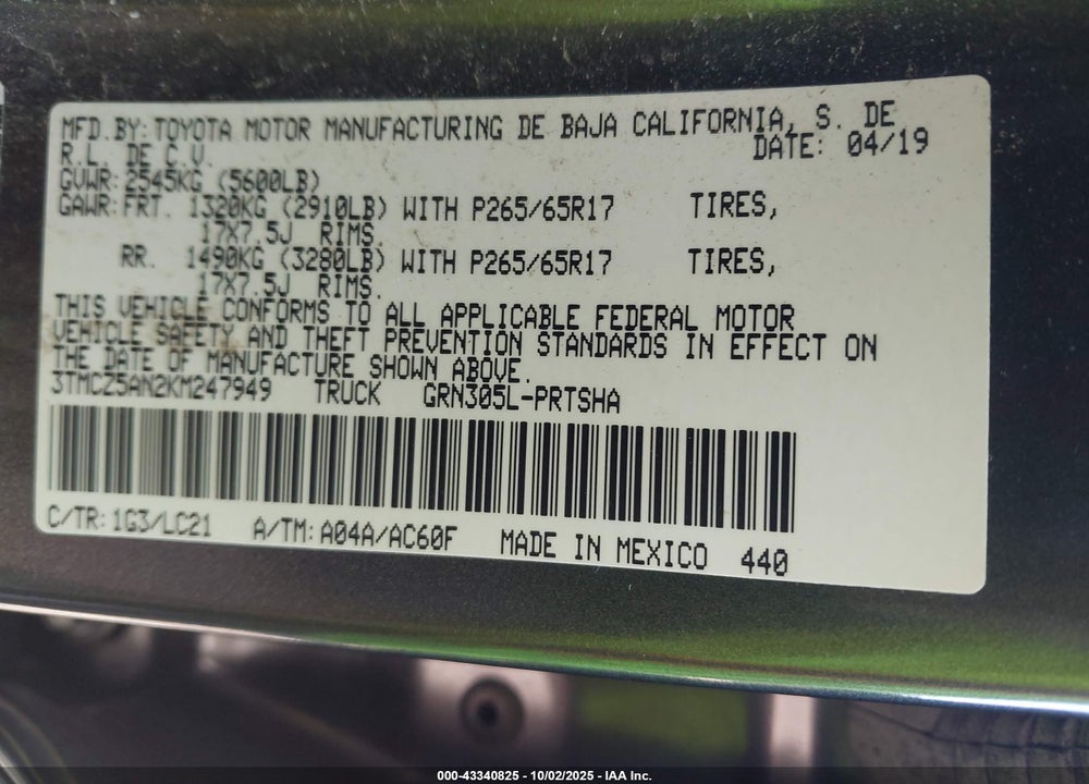 2019 TOYOTA TACOMA VIN: 3TMCZ5AN2KM247949