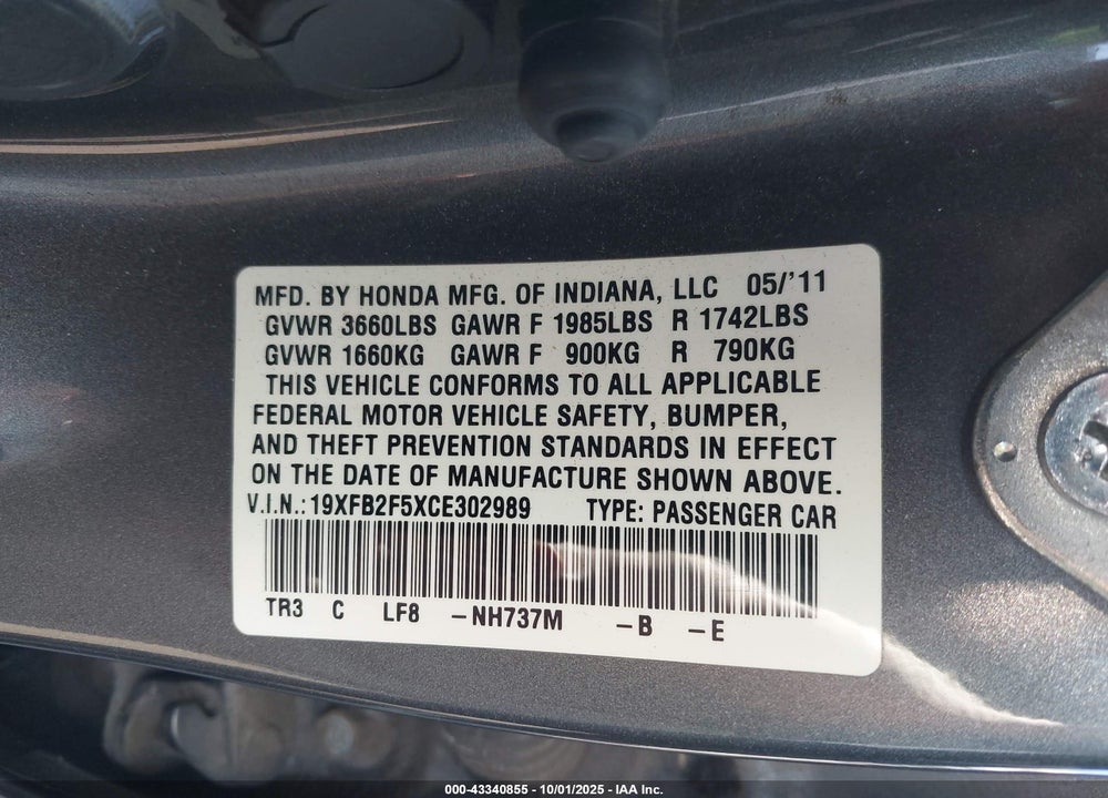 2012 HONDA CIVIC LX VIN: 19XFB2F5XCE302989