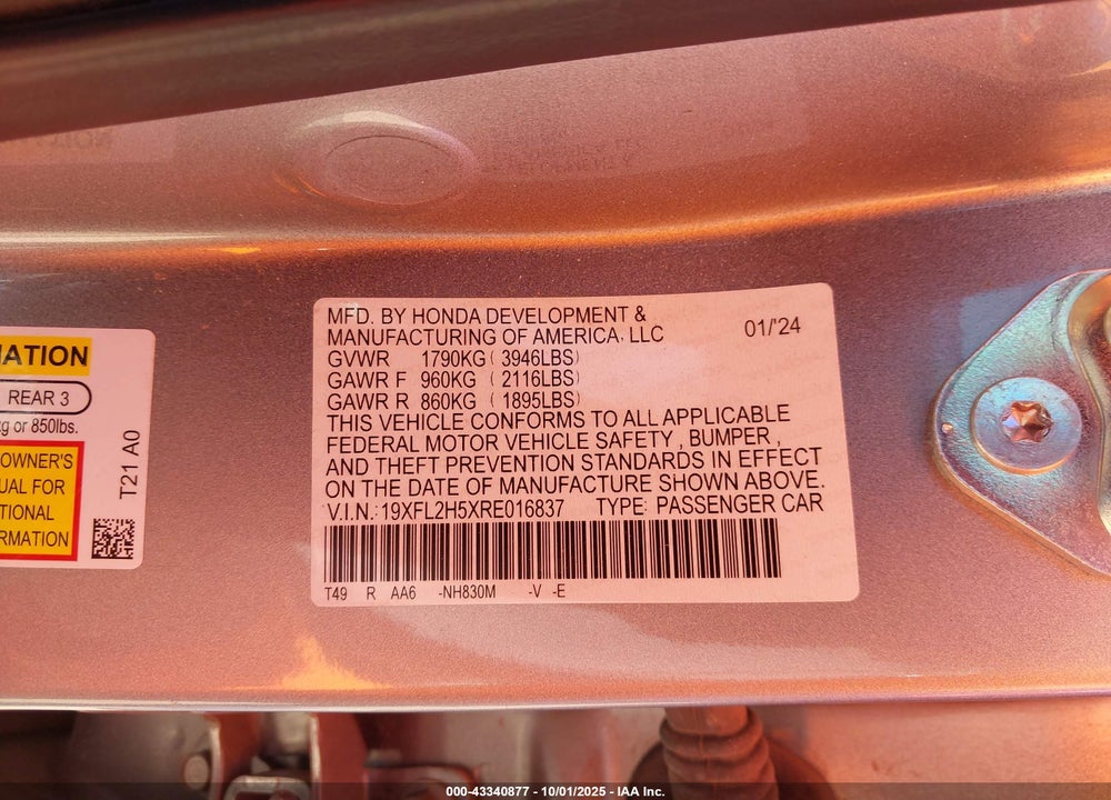 2024 HONDA CIVIC LX VIN: 19XFL2H5XRE016837
