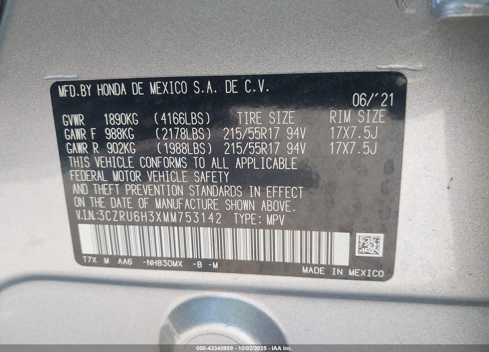 2021 HONDA HR-V VIN: 3CZRU6H3XMM753142