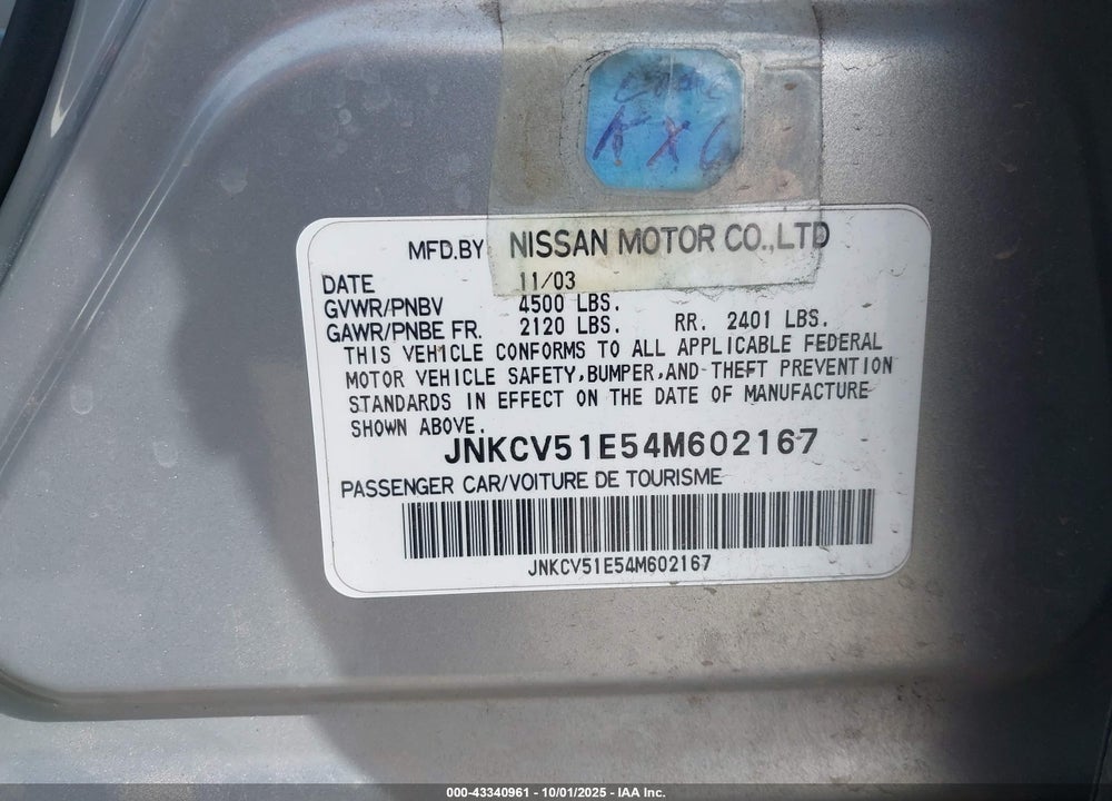 2004 INFINITI G35 VIN: JNKCV51E54M602167