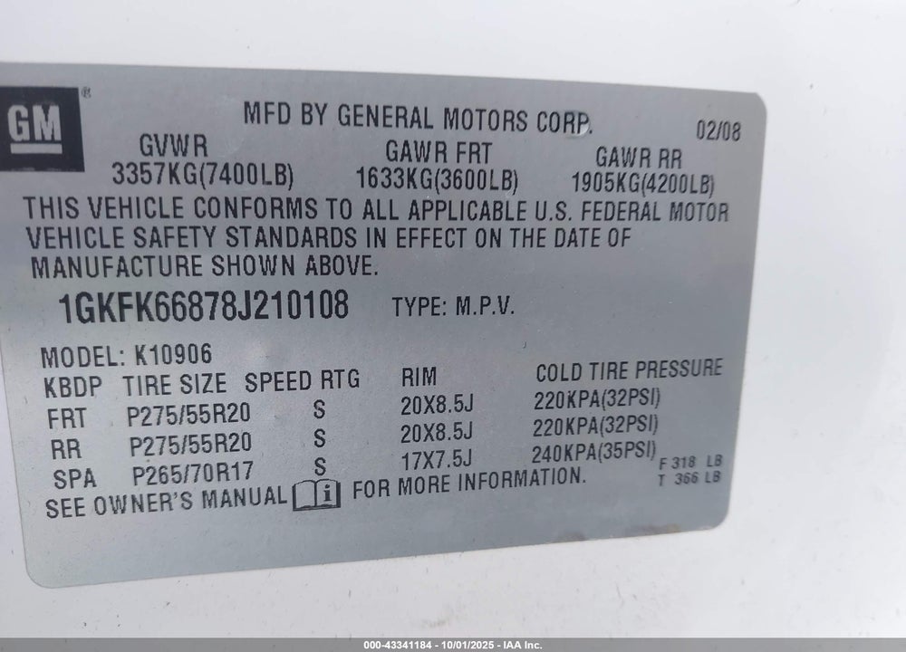 2008 GMC YUKON XL 1500 VIN: 1GKFK66878J210108