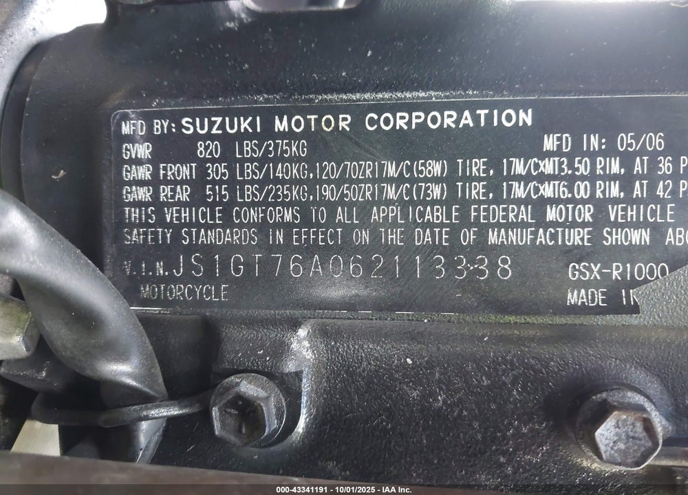 2006 SUZUKI GSX-R1000 VIN: JS1GT76A062113338