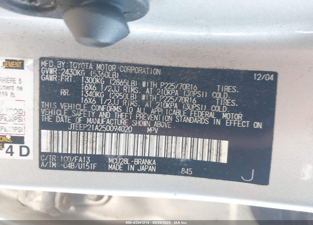 2005 TOYOTA HIGHLANDER V6 VIN: JTEEP21A250094020