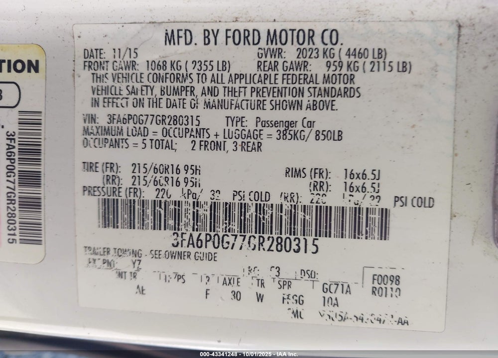2016 FORD FUSION S VIN: 3FA6P0G77GR280315