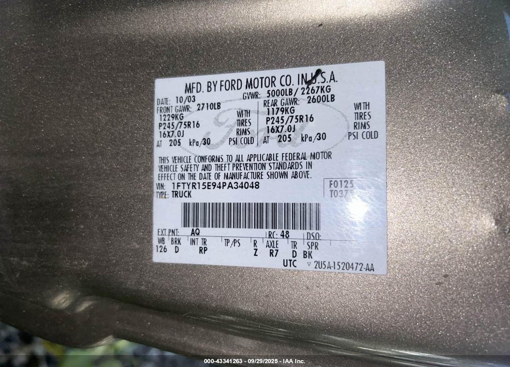 2004 FORD RANGER XLT VIN: 1FTYR15E94PA34048