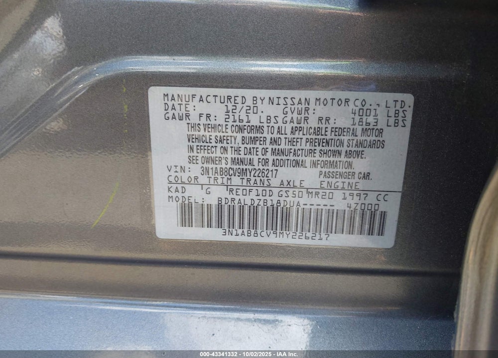 2021 NISSAN SENTRA VIN: 3N1AB8CV9MY226217