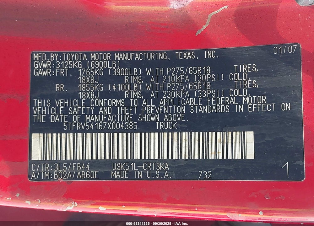 2007 TOYOTA TUNDRA VIN: 5TFRV54167X004385